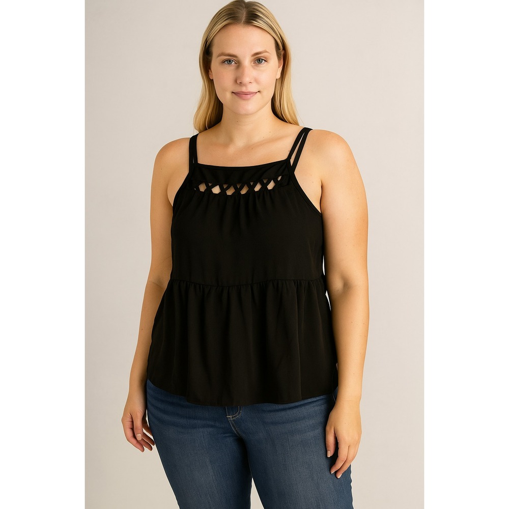LILY‎ ROSE Women's S Black Chiffon Tank Top Lattice Peplum Boho Chic Fairycore